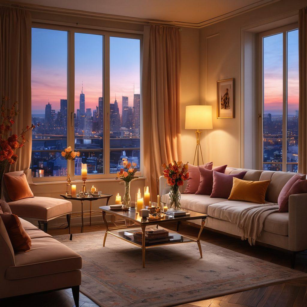 A beautifully decorated romantic apartment scene featuring a cozy studio with soft lighting, plush furnishings, and intimate decor, transitioning to a luxurious suite with elegant details and opulent touches. Include a beautifully set dining table with candles and flowers, along with a city skyline view from the window. The ambiance should evoke warmth and romance. super-realistic. vibrant colors.