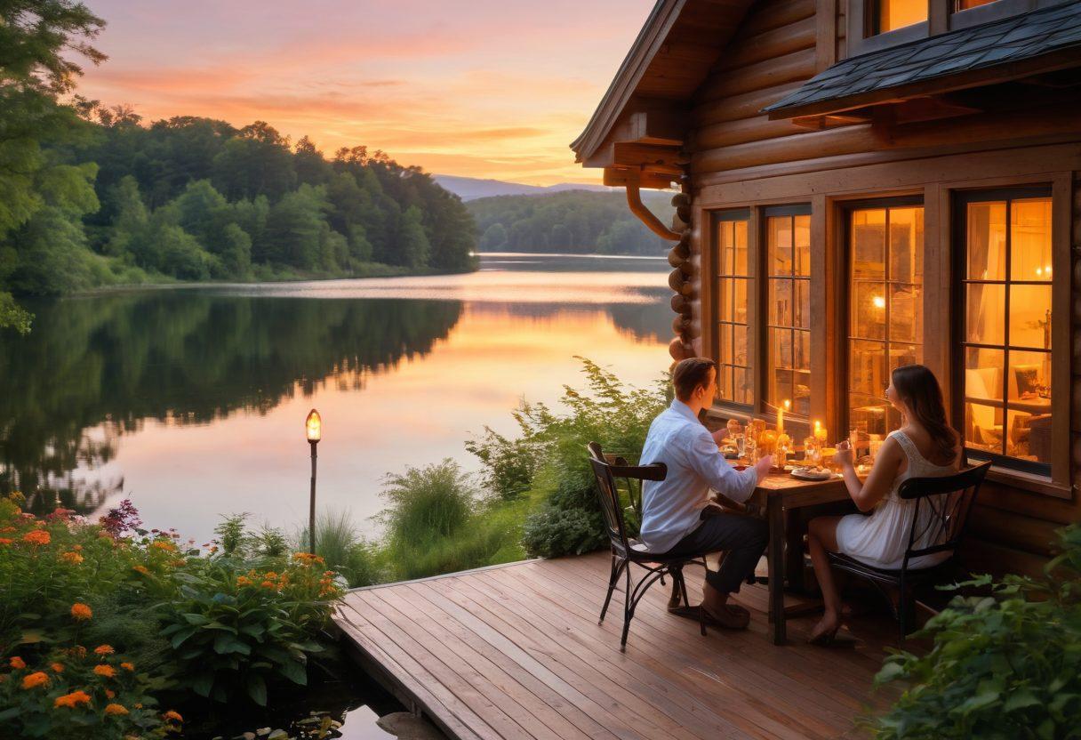 A serene couple's retreat featuring a cozy, beautifully designed cabin surrounded by lush greenery, a peaceful lake in the background, and a sunset casting warm, golden hues. The scene includes a couple enjoying a candlelit dinner on a private deck with soft lighting, and the gentle sound of nature surrounding them. The essence of intimacy, relaxation, and romance should be vividly captured. vibrant colors. 3D.